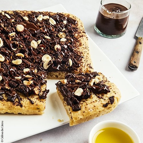 Focaccia chocolat, noisette, romarin, huile d'olive