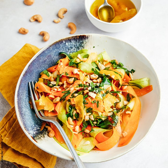 Tagliatelles courgettes-carottes, huile d'olive à l'orange