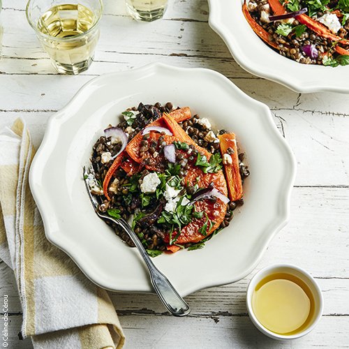 Salade de lentilles, légumes rôtis, feta, huile d’olive de Nîmes AOP