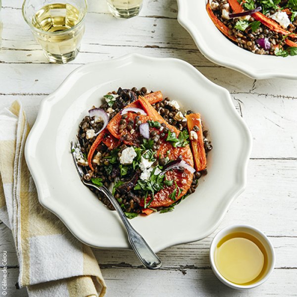 Salade de lentilles, légumes rôtis, feta, huile d’olive de Nîmes AOP