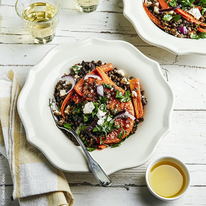 Salade de lentilles, légumes rôtis, feta, huile d’olive de Nîmes AOP