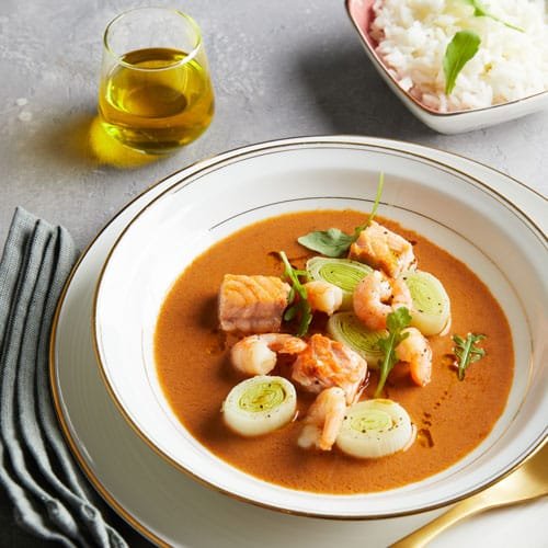 Blanquette de saumon, crevettes à la bisque de homard