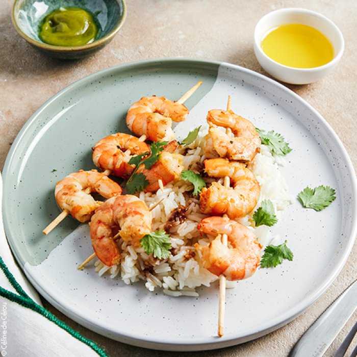 Brochettes de crevettes et sésame au wasabi