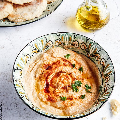 Houmous de haricots blancs et pain pita maison