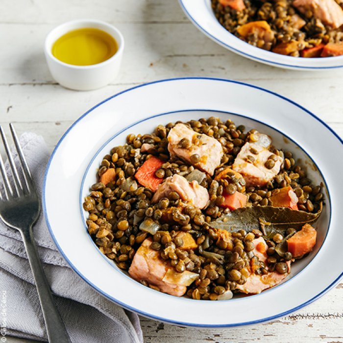 Potée de lentilles vertes du Puy et de saumon