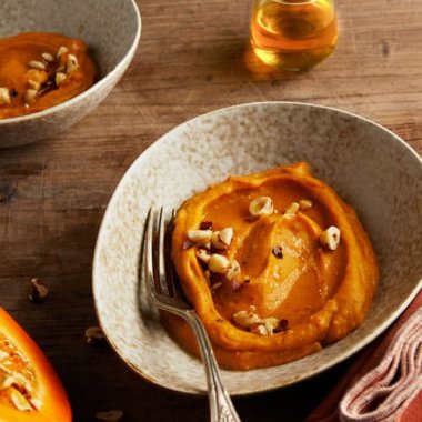 Purée de butternut et potimarron, quatre épices, noisettes