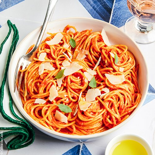 Spaghettis crémeux poivron-chorizo-huile d'olive
