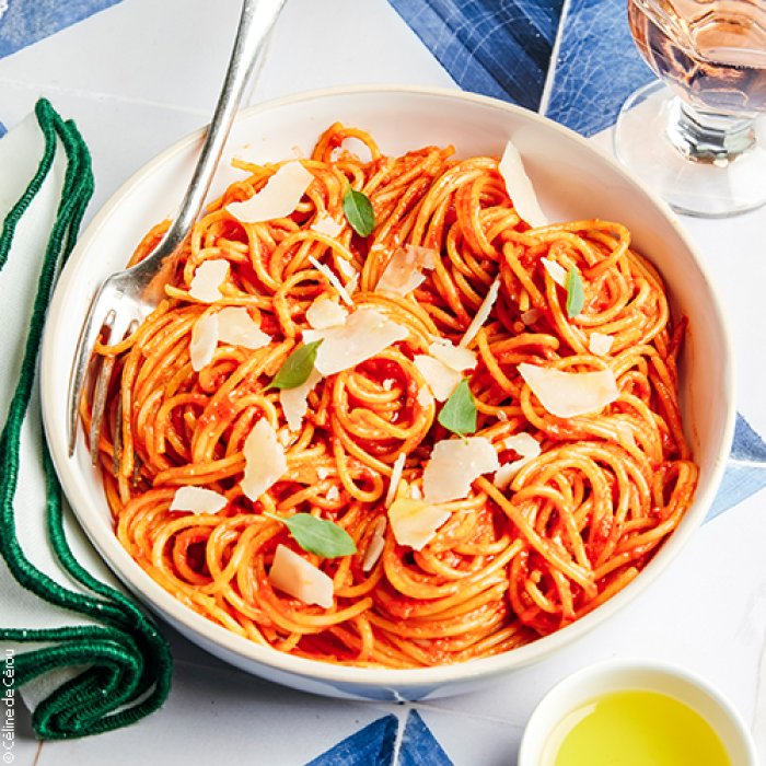 Spaghettis crémeux poivron-chorizo-huile d'olive