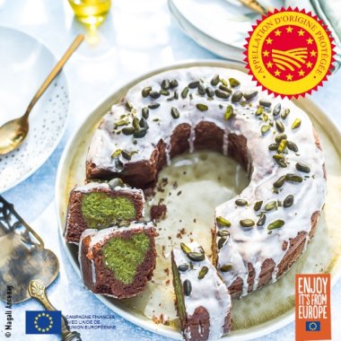 Moelleux au chocolat cœur pistache à l’huile d’olive de Provence – olives maturées AOP