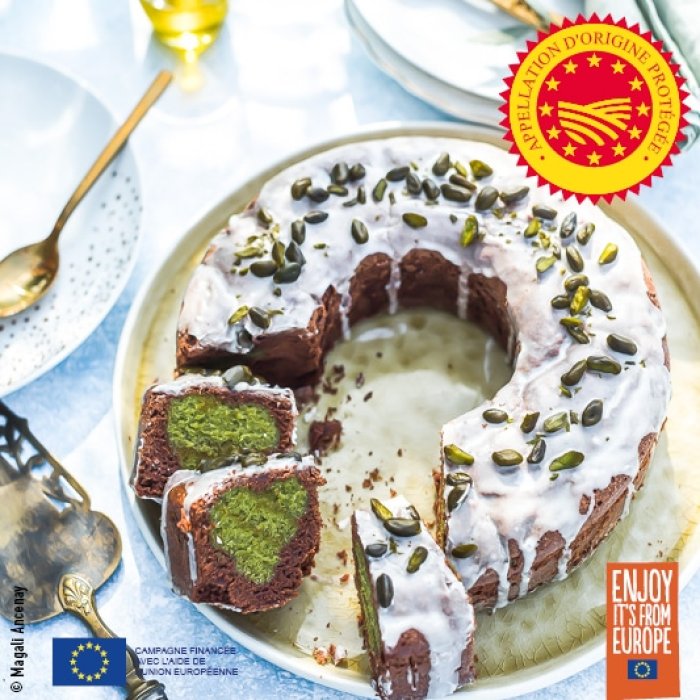 Moelleux au chocolat cœur pistache à l’huile d’olive de Provence – olives maturées AOP