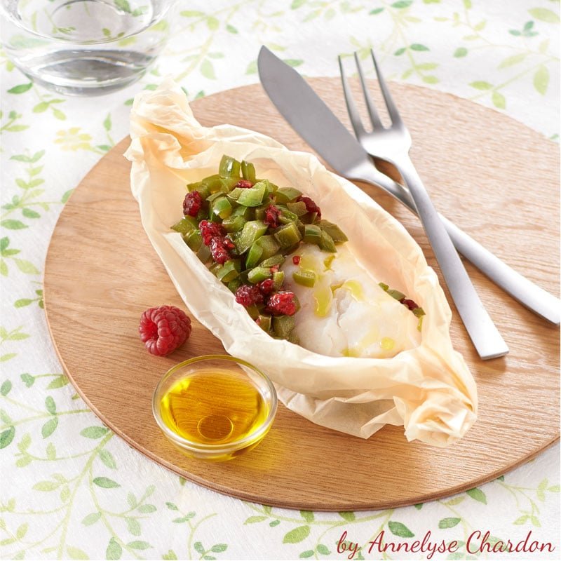 Cabillaud en papillote, poivron vert, framboise