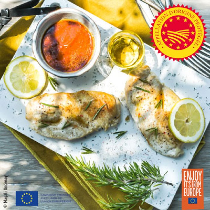 Escalope de poulet marinée au citron, romarin et à l’huile d’olive d’Aix-en-Provence – olives maturées AOP
