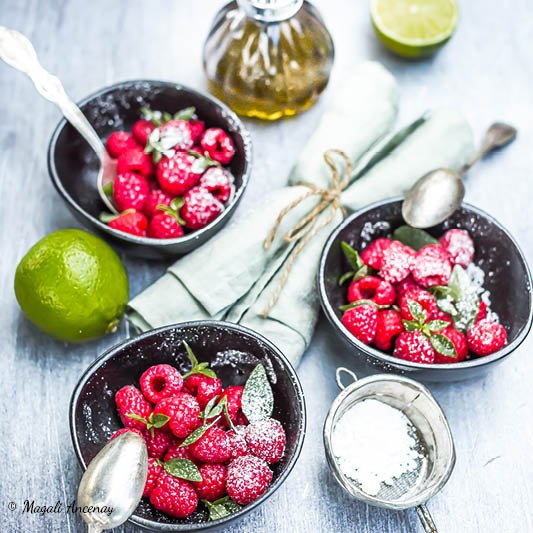 Salade de framboises, basilic, citron vert à l’huile d’olive