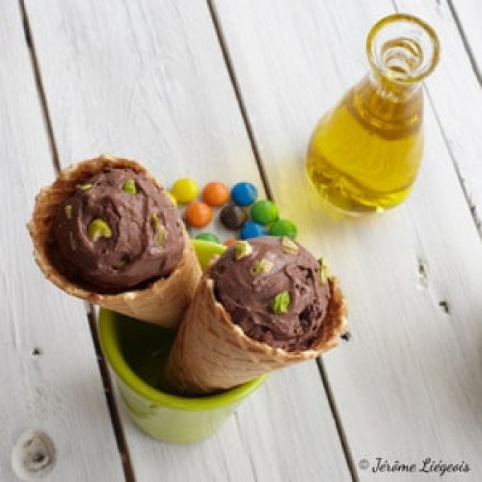 Glace chocolat, pistaches, huile d'olive