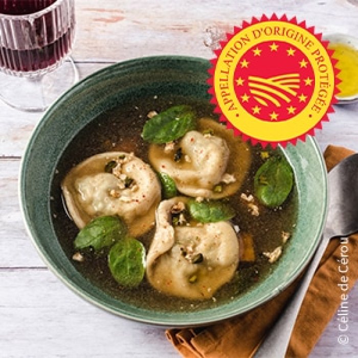 Raviolis épinard/Ossau Iraty et leur bouillon, huile d’olive du Languedoc AOC