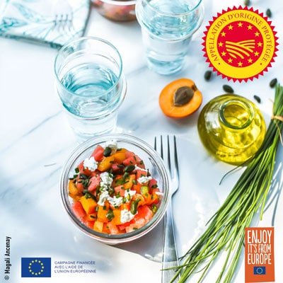 Tartare d’abricots au chèvre et pastèque à l’huile d’olive d’Aix-en-Provence – olives maturées AOP