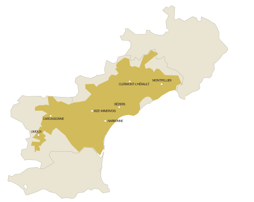 Carte de la zone de production de l'huile d'olive du Languedoc AOP
