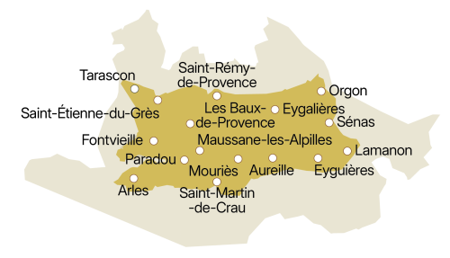 Carte de la zone de production Vallée des Baux-de-Provence AOP