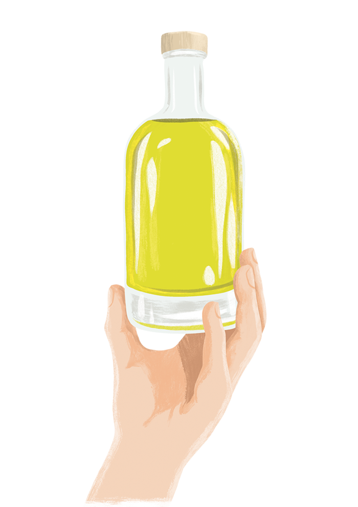 Main tenant une bouteille d'huile d'olive